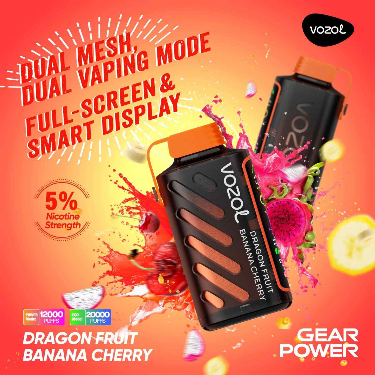 VOZOL GEAR POWER 20000 PUFFS - Dragon Fruit Banana Cherry